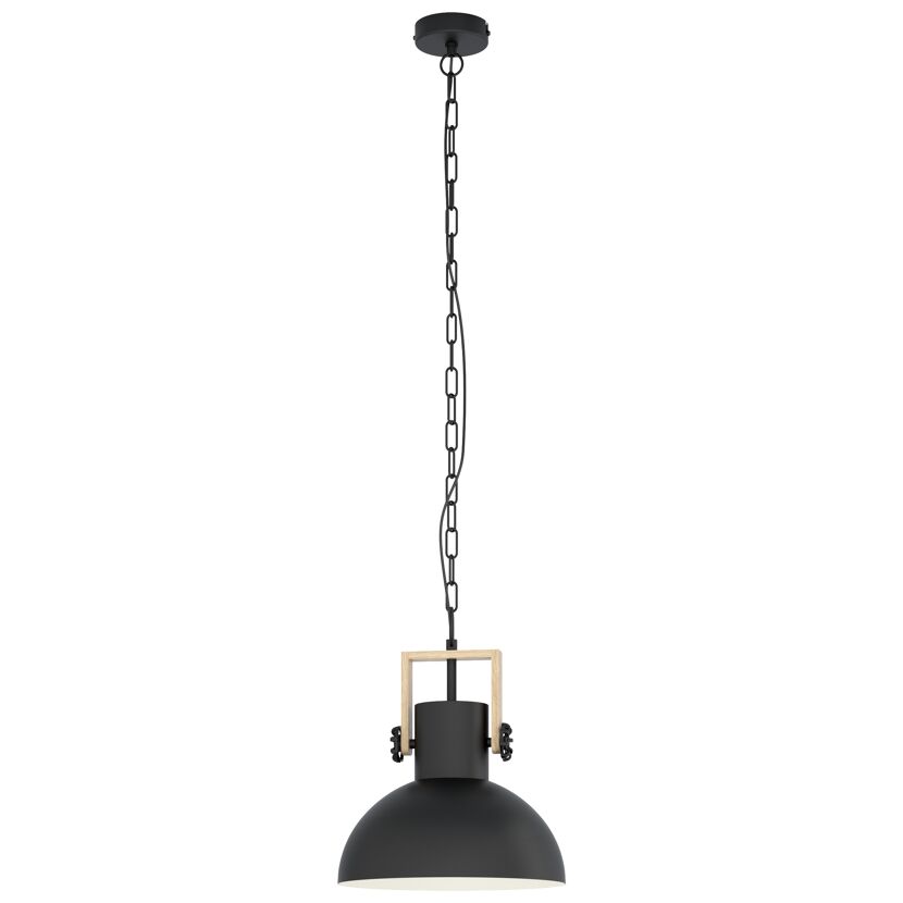 Schwarze Hängelampe mit Holzelementen