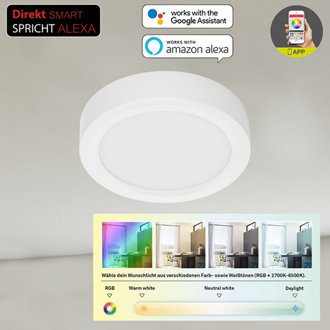 Bild von LED-Aufbauleuchte 'Virgo' weiß 1800 lm, Ø 22,5 cm