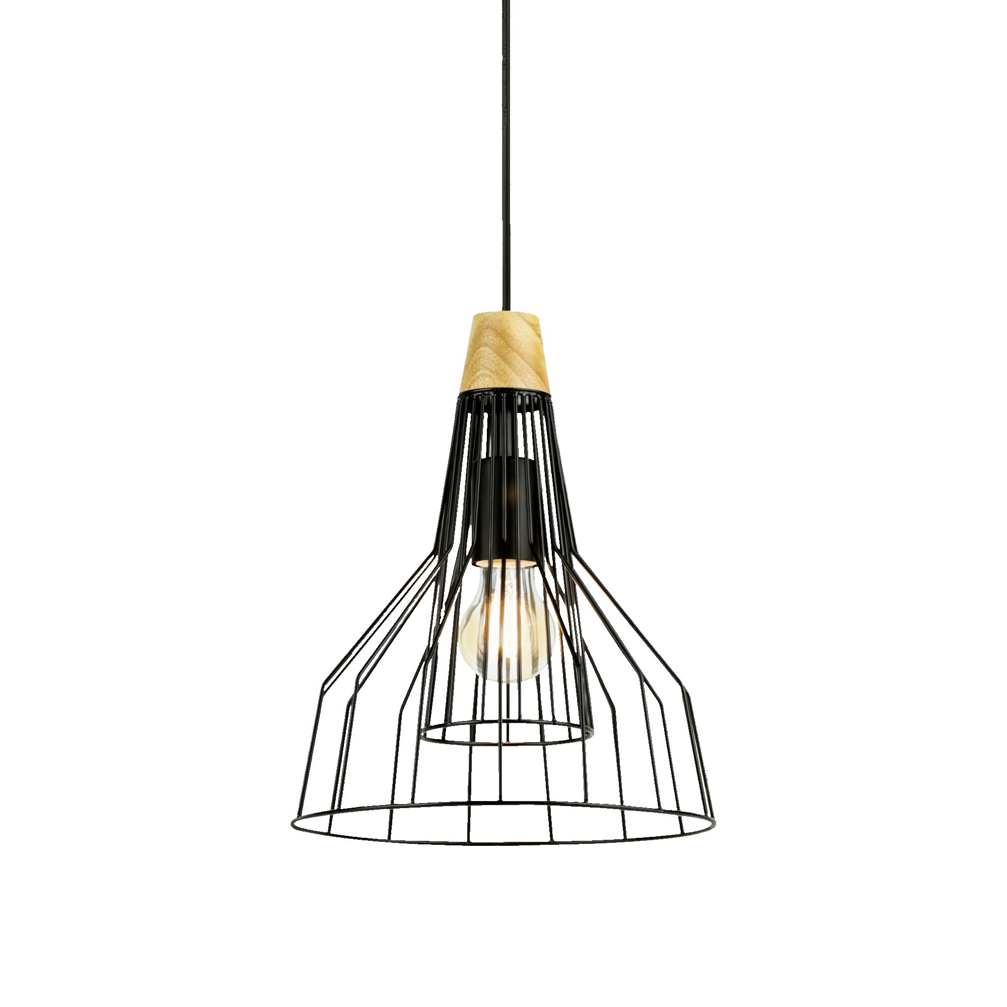 Hängelampe Rounds mit schwarzem Metallschirm und Fassung aus Holz