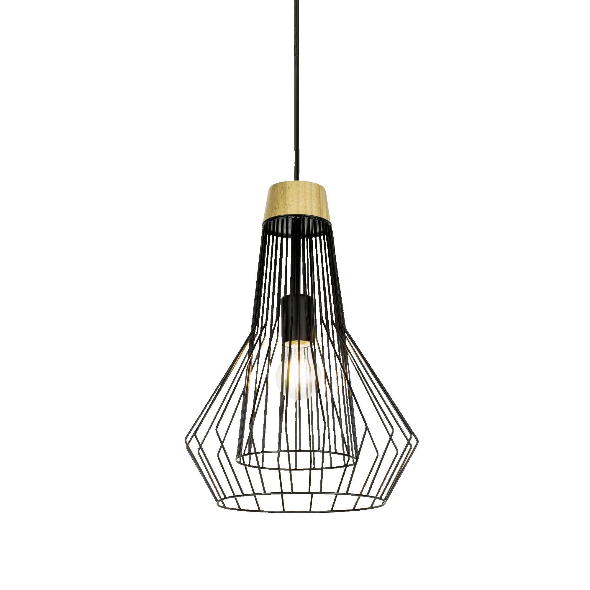 Schwarze Hängelampe mit Holzfassung