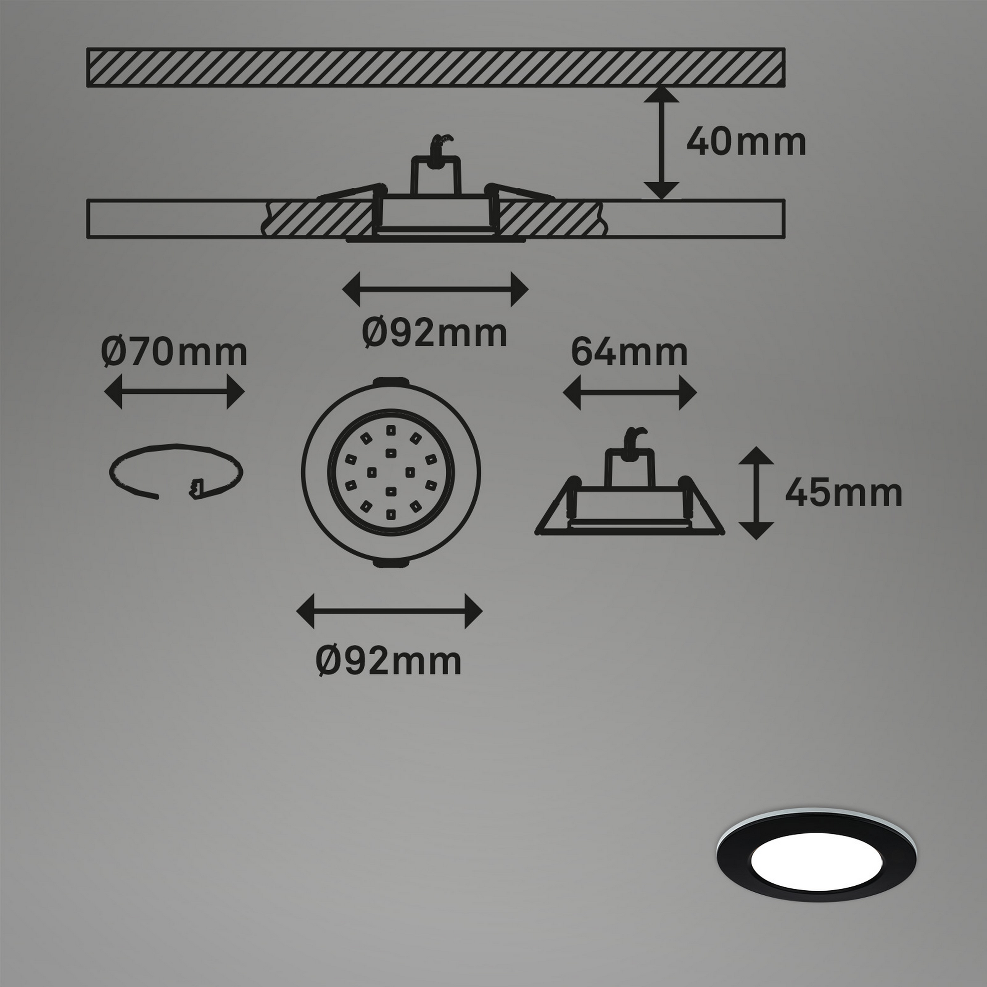 LED-Einbauleuchte 4,8 W Ø 9,2 cm 3 Stück schwarz + product picture