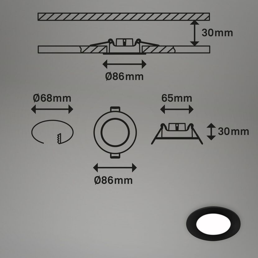 LED-Einbauleuchte 3 W Ø 8,6 cm 3 Stück schwarz