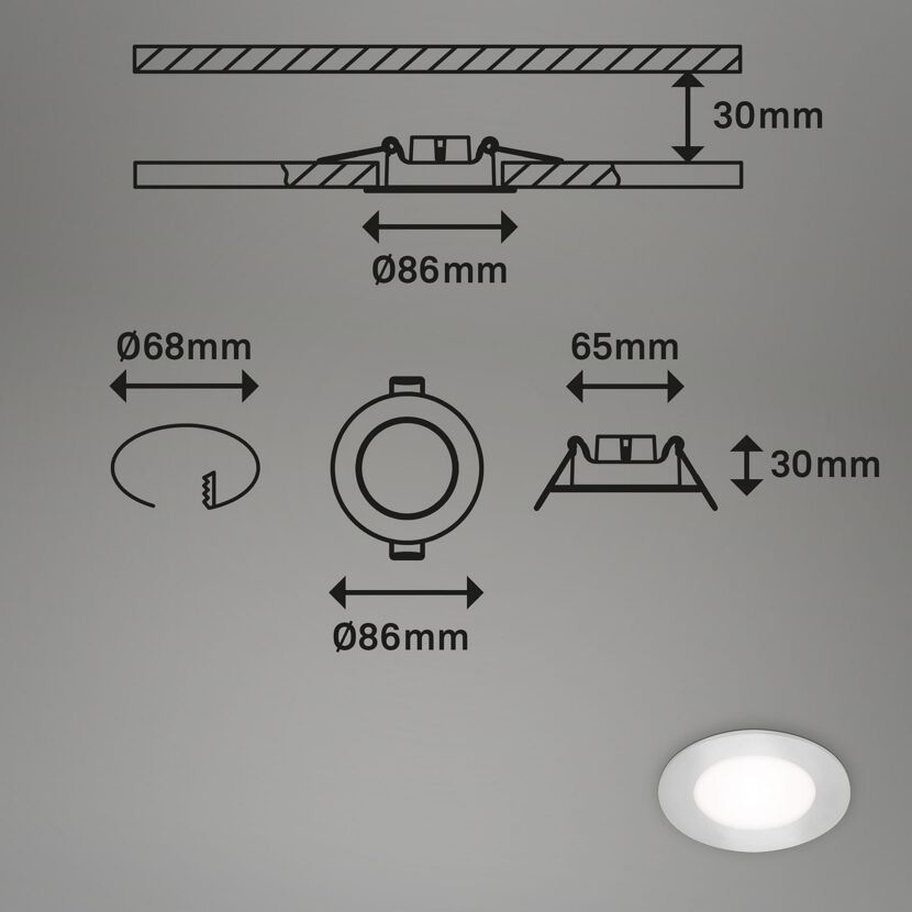 LED-Einbauleuchte IP 65 3 W Ø 8,6 cm 3 Stück chromfarben