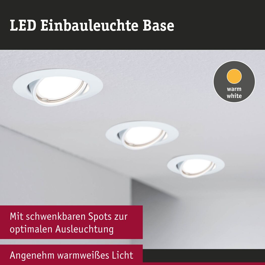 Drei schwenkbare LED-Einbauleuchten 'Base Coin' in Weiß
