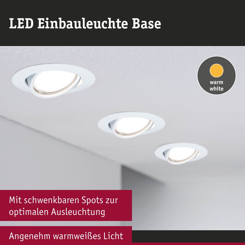 Drei schwenkbare LED-Einbauleuchten 'Base Coin' in Weiß