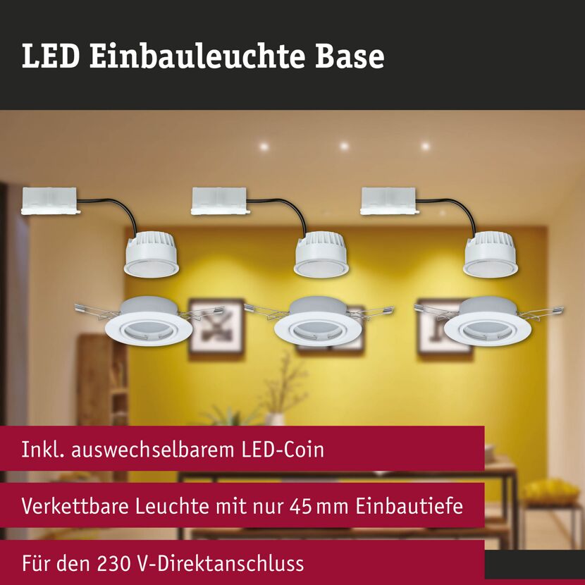 Drei weiße schwenkbare LED-Einbauleuchten 'Base Coin'