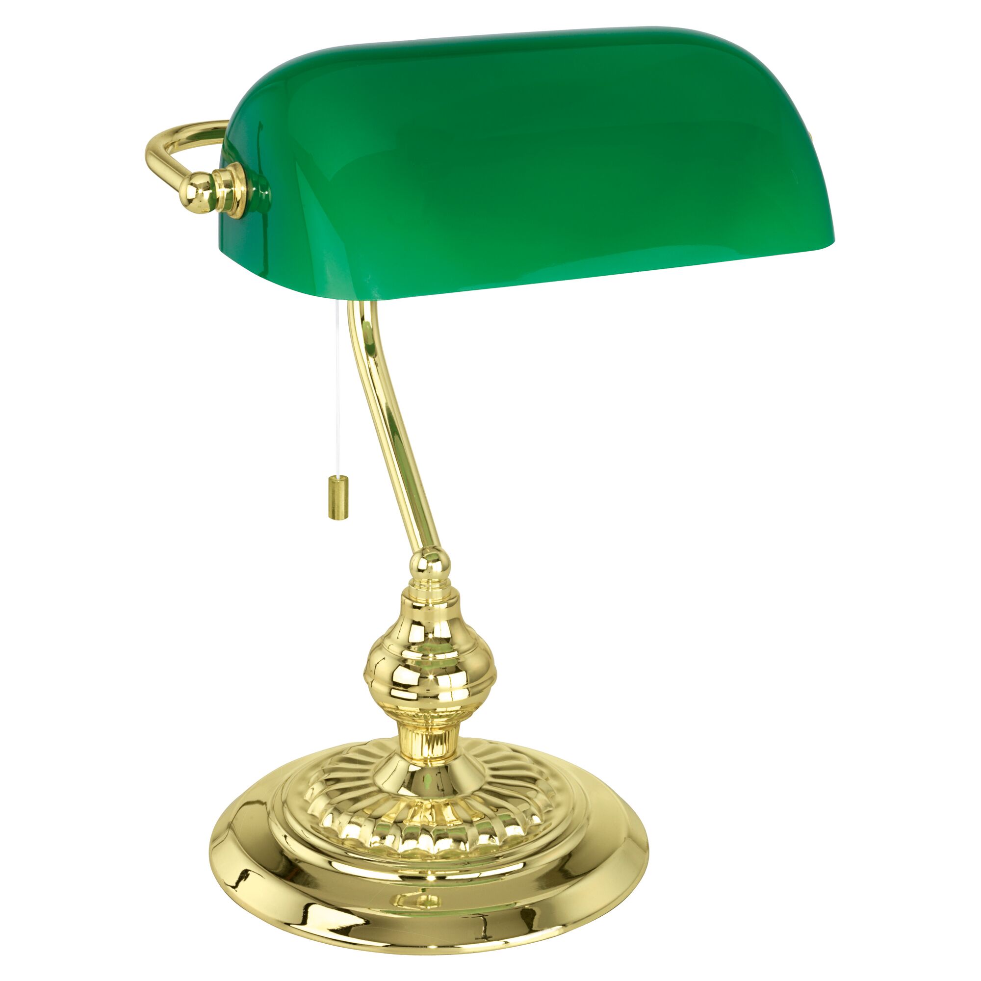 Goldene Bankerlampe mit grünem Glasschirm