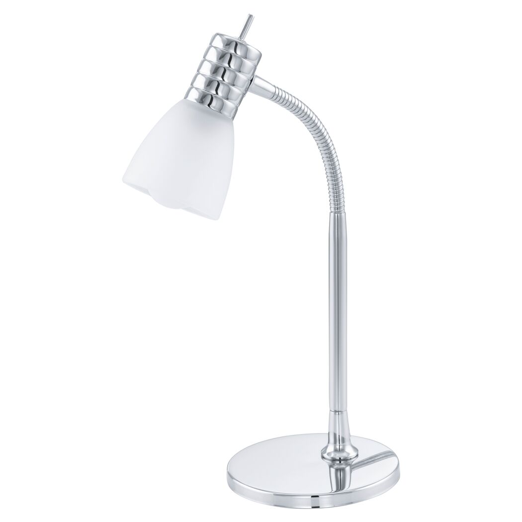 Eine silberne flexible Tischleuchte mit weißem Lampenschirm.