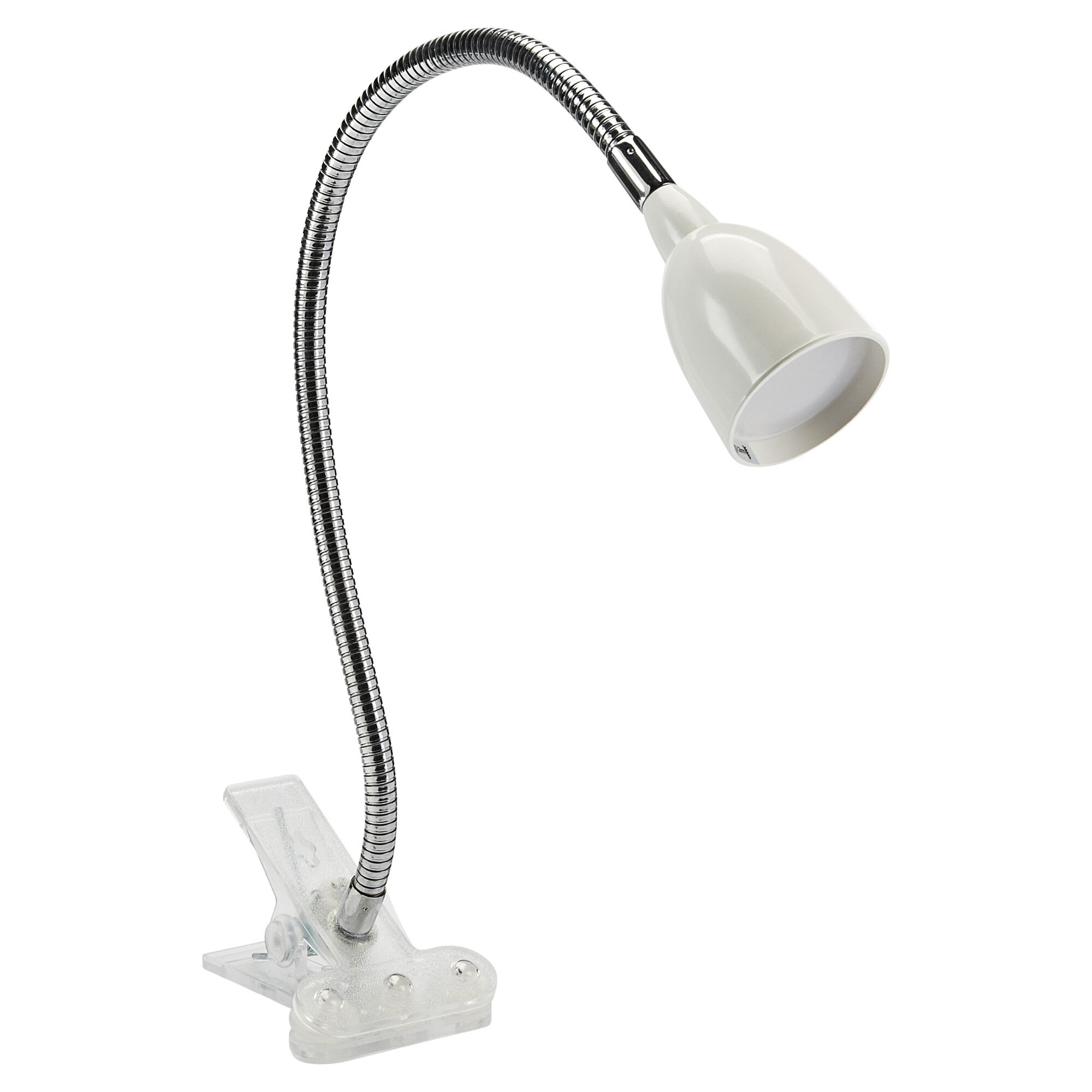 Weiße LED-Klemmleuchte Anthony mit flexiblem Arm und durchsichtiger Klemme.