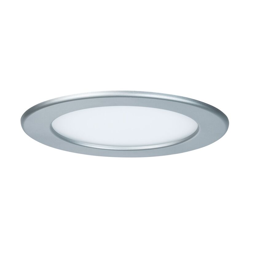 Einbauleuchte, rund, silberfarben, weißes Licht.