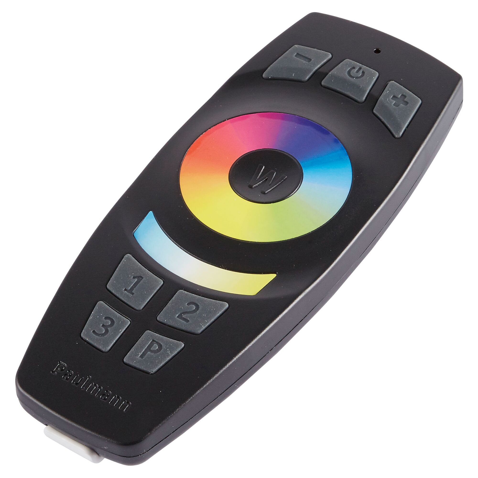 Schwarze Fernbedienung mit Farbrad und Zahlenfeld