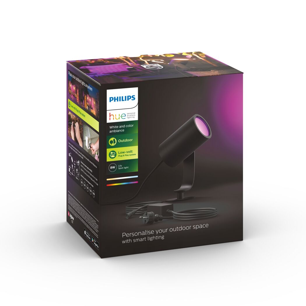 Philips Hue LED-Spot 'Lily' mit lila Licht und Verpackung