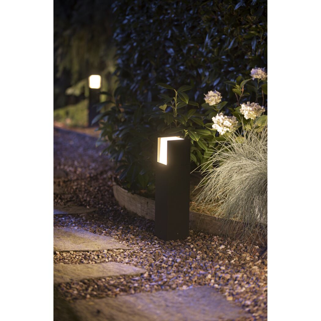 Schwarze Sockelleuchte beleuchtet einen Weg im Garten