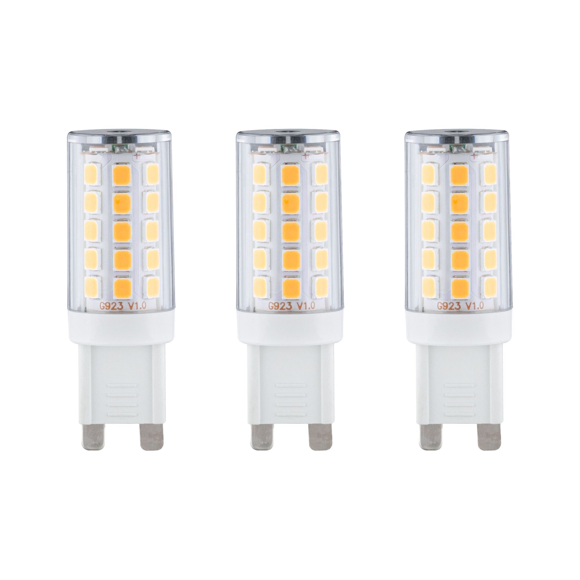 Drei klare G9 LED-Stiftleuchtmittel warmweiß