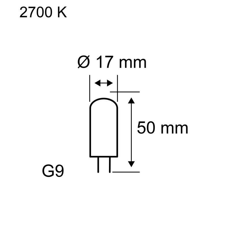 Technische Zeichnung G9 LED-Leuchtmittel mit Maßen und 2700 K.