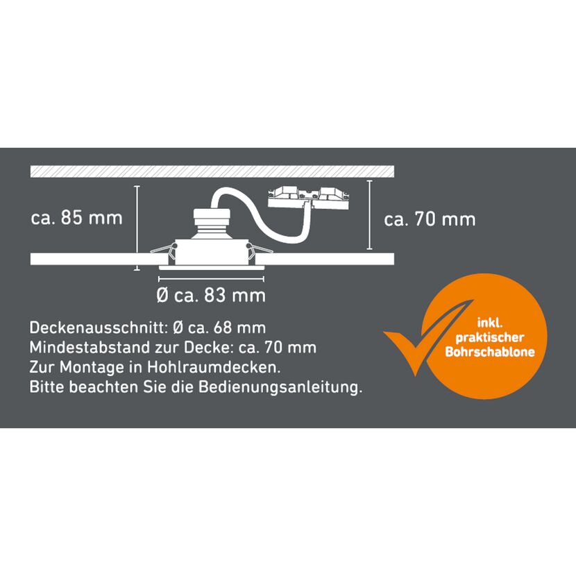 Schemazeichnung: Einbauleuchte für Hohlraumdecken mit Maßen