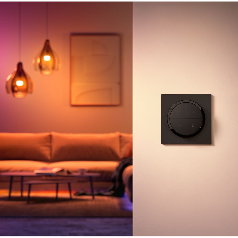 Schwarzer Funkschalter 'Hue Tap Dial' an der Wand
