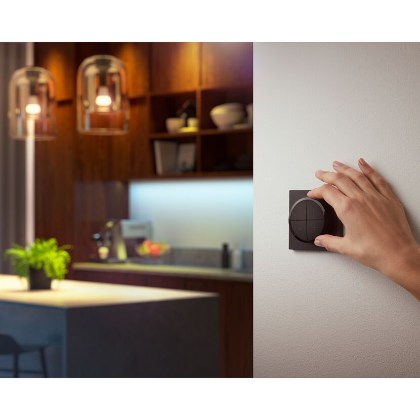 Hand bedient Funkschalter 'Hue Tap Dial' an der Wand.