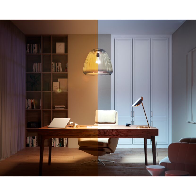 Philips Hue Beleuchtung: warme und kühle Lichtstimmungen im Raum.
