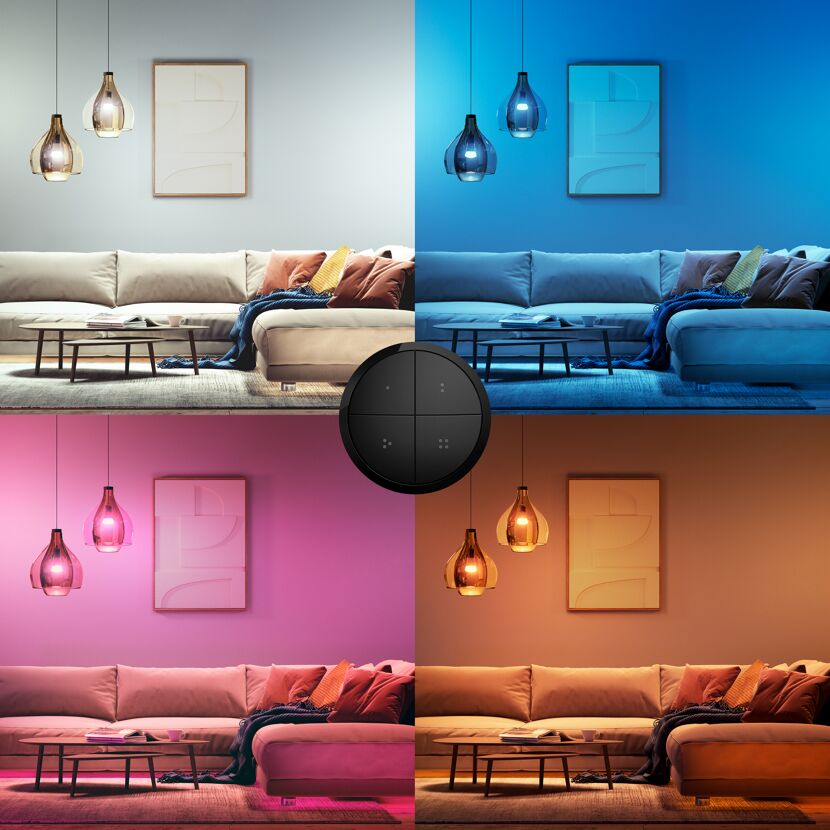 Hue Tap Dial Funkschalter und vier Lichtstimmungen im Wohnzimmer.