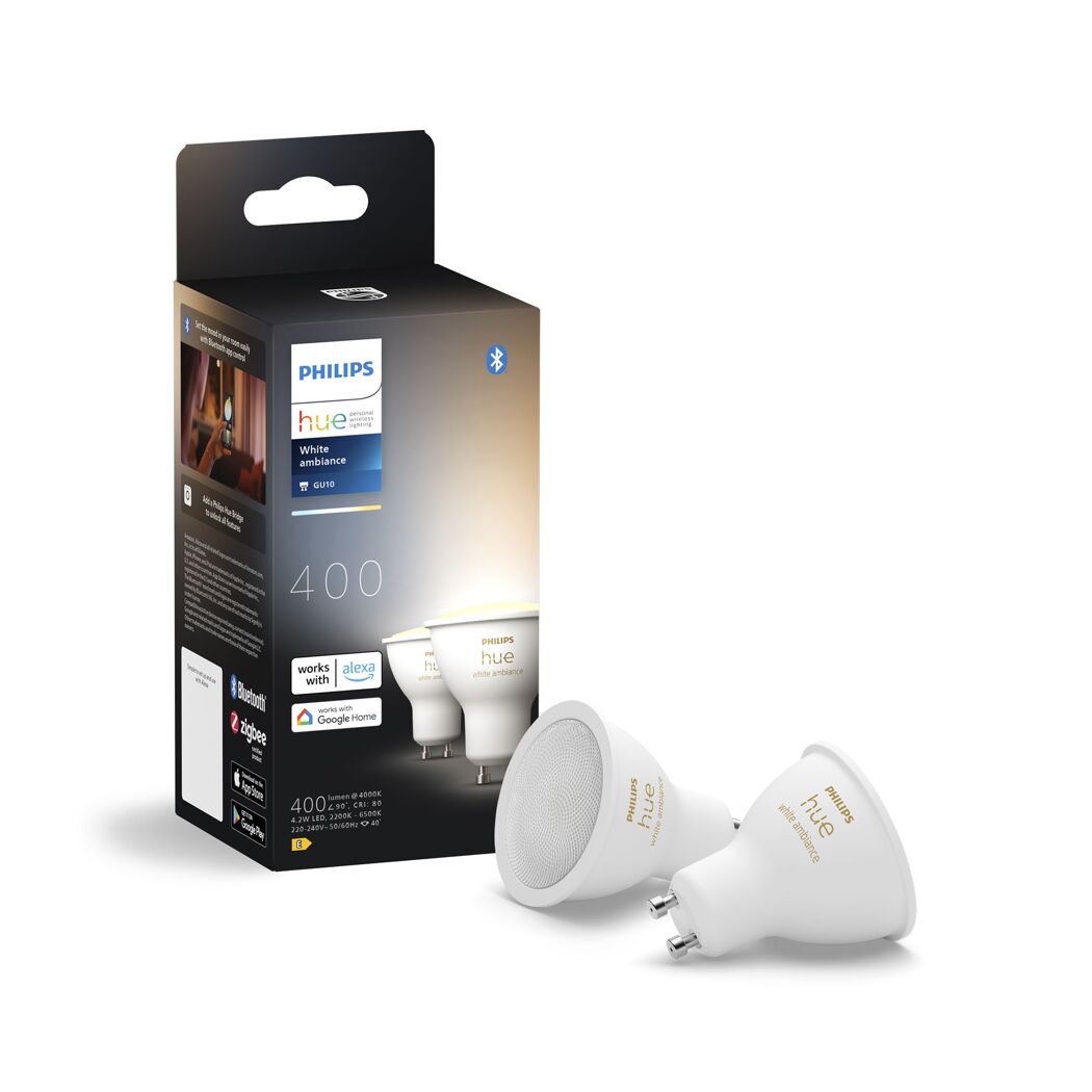 Zwei Philips Hue GU10 LED-Leuchtmittel und Originalverpackung.