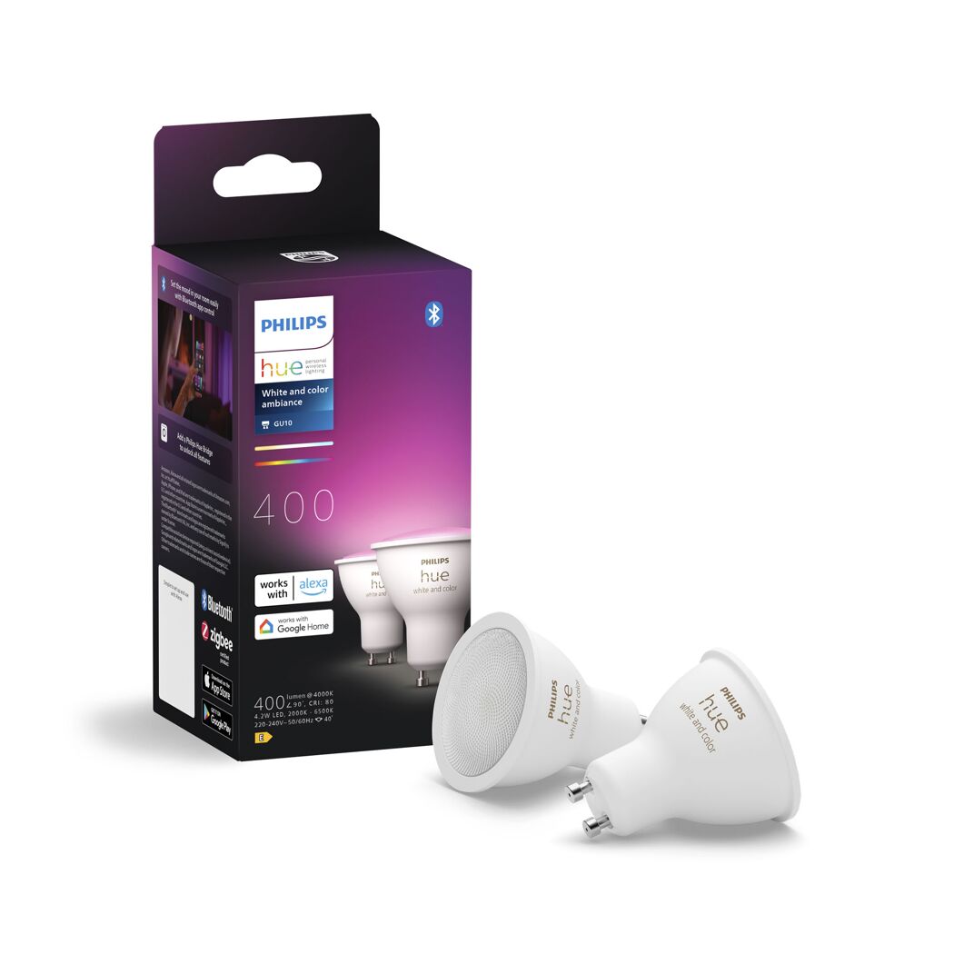 Zwei Philips Hue GU10 LED-Lampen und Verpackung.