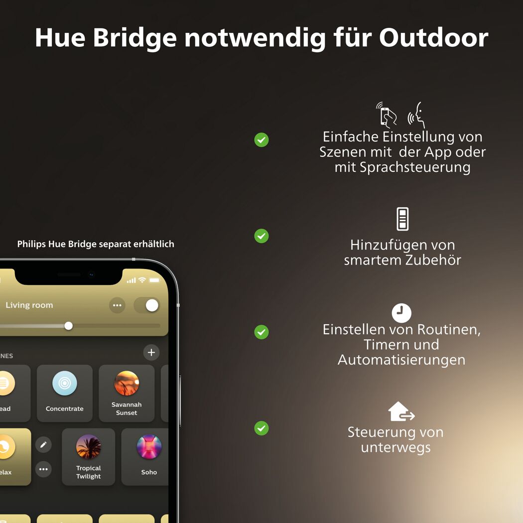 Smartphone zeigt Philips Hue App und Bridge Funktionen.