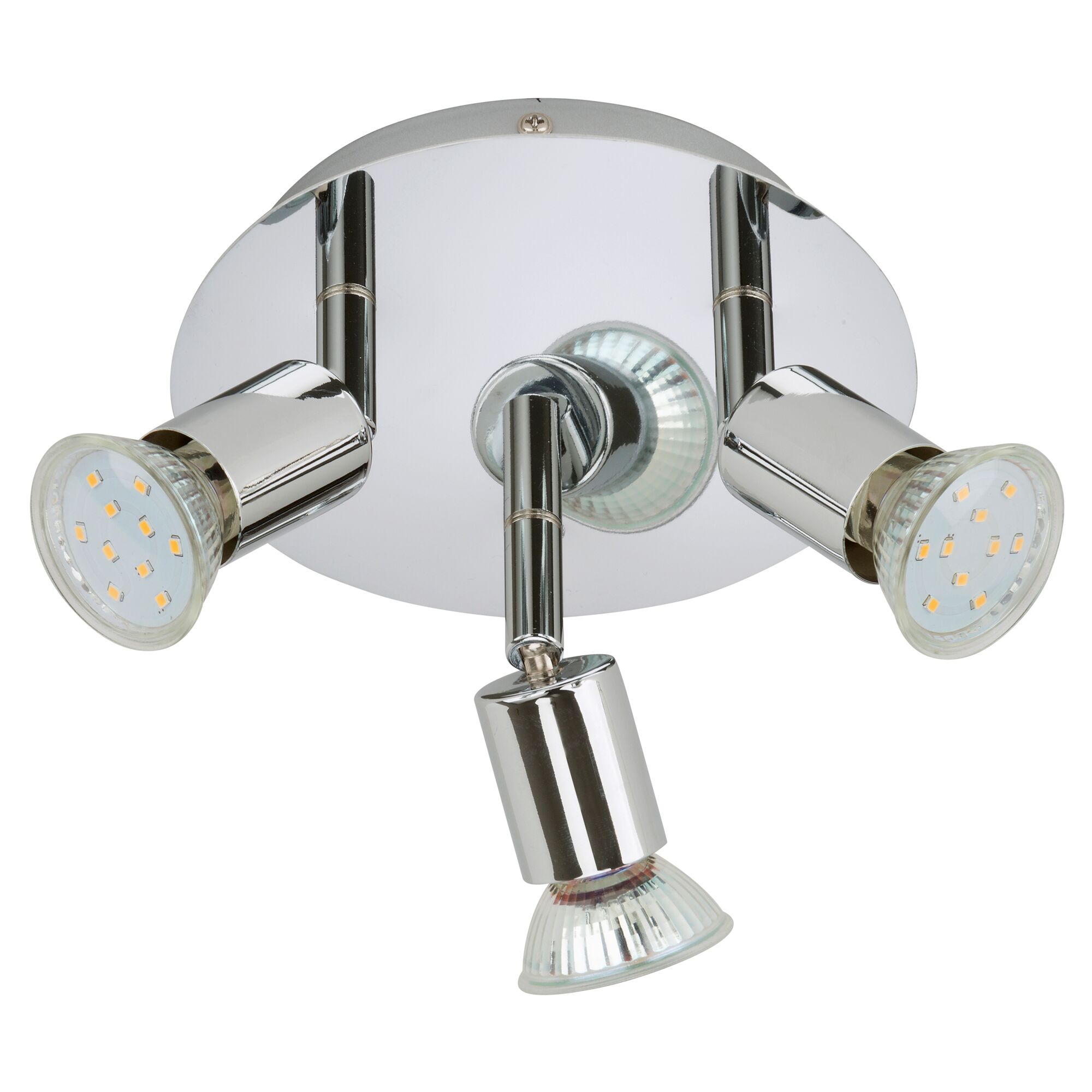 Chromfarbene LED-Deckenleuchte mit drei Spots