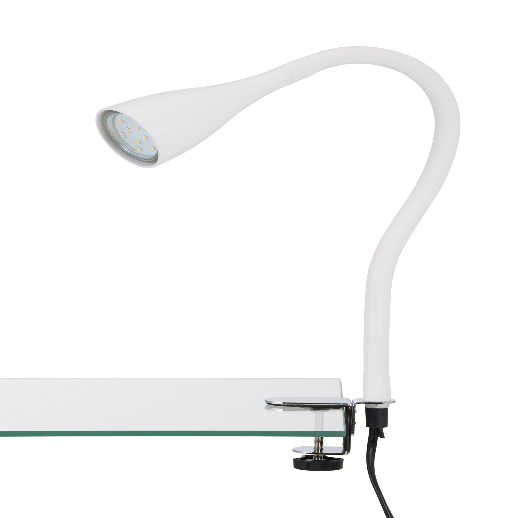 Weiße LED Klemmleuchte an Glasplatte befestigt.