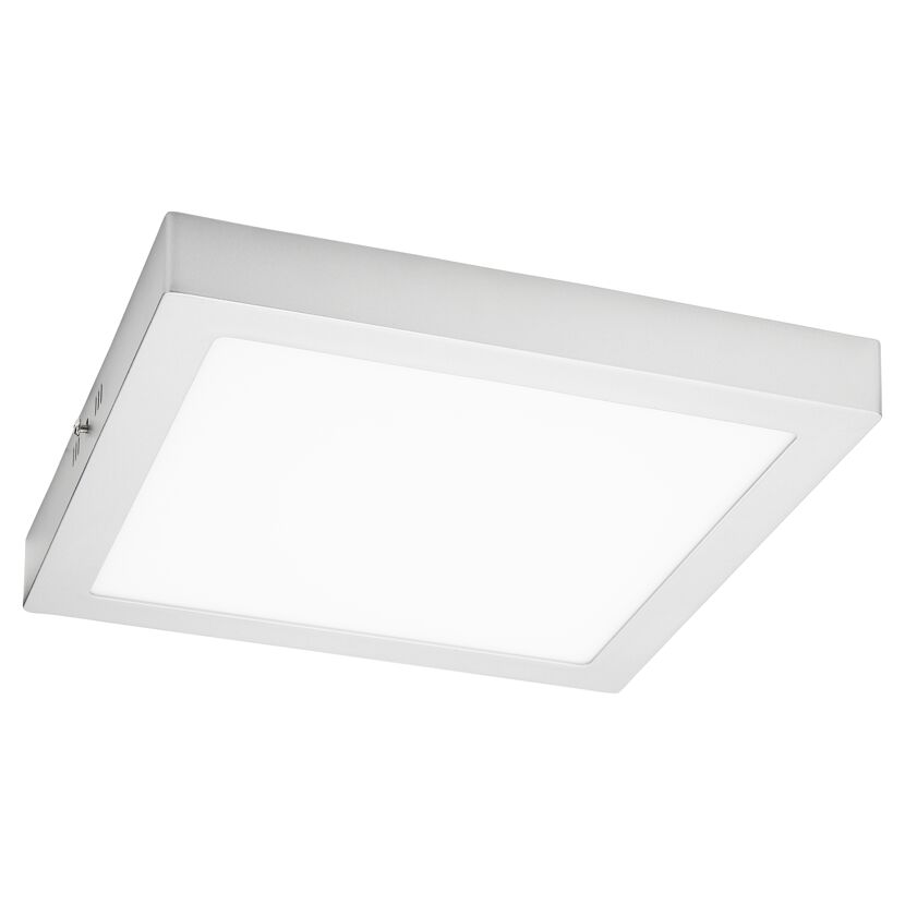 Flache, quadratische LED-Deckenleuchte mit silbernem Rahmen.
