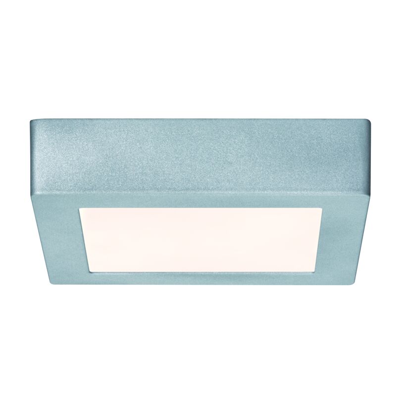 Flache, quadratische LED-Deckenleuchte in Hellblau.