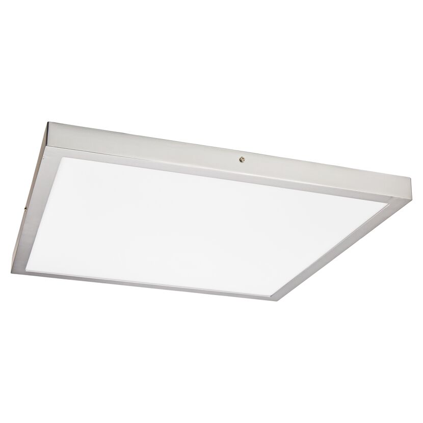 Quadratische LED-Deckenleuchte mit Chromrahmen.