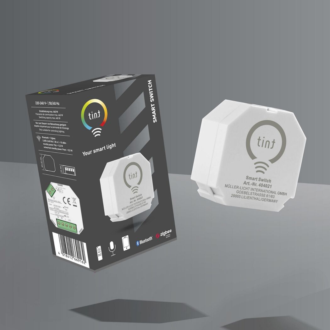 tint Smart Switch Funkschalter und Produktverpackung.