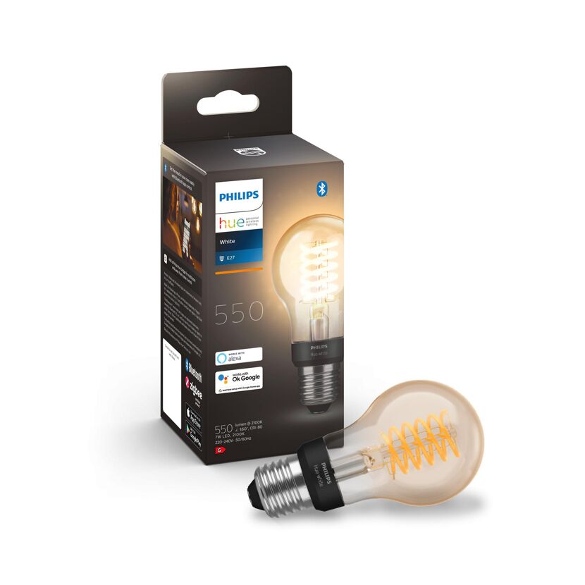 LED-Leuchtmittel 'Hue White' Tropfen gold E27 und Verpackung.
