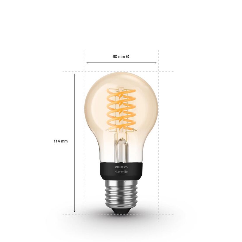 Philips Hue White dimmbar LED-Leuchtmittel Tropfen gold mit Maßen.