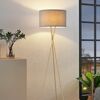 Goldene Stehlampe mit hellgrauem Lampenschirm