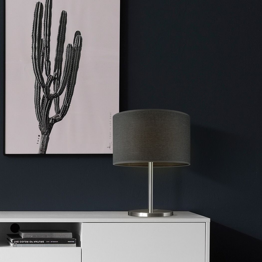 Graue Tischleuchte mit rundem Lampenschirm aus Canvas