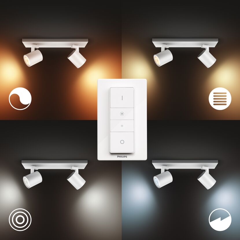 Philips Hue Spot Runner mit verschiedenen Lichteinstellungen und Dimmschalter
