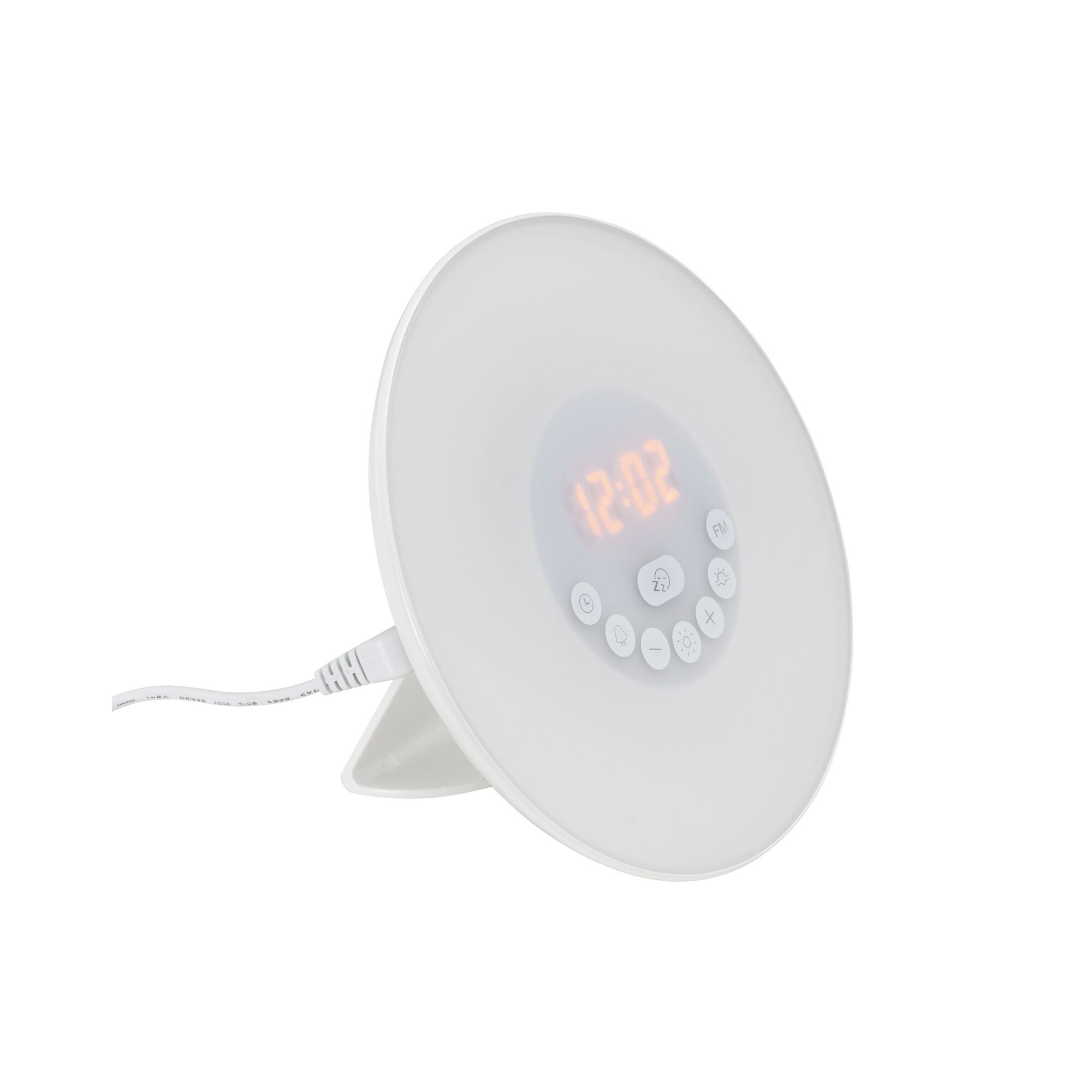 Weißer Radiowecker mit LED-Anzeige und verschiedenen Knöpfen.