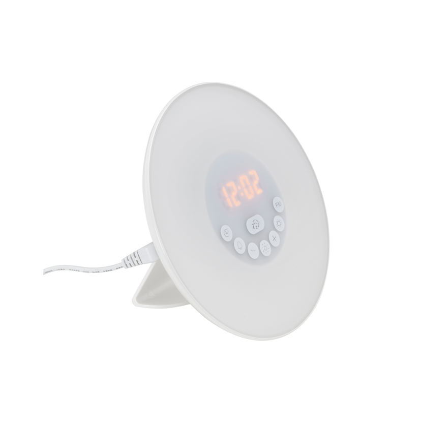 Weißer Radiowecker mit LED-Anzeige und verschiedenen Knöpfen.