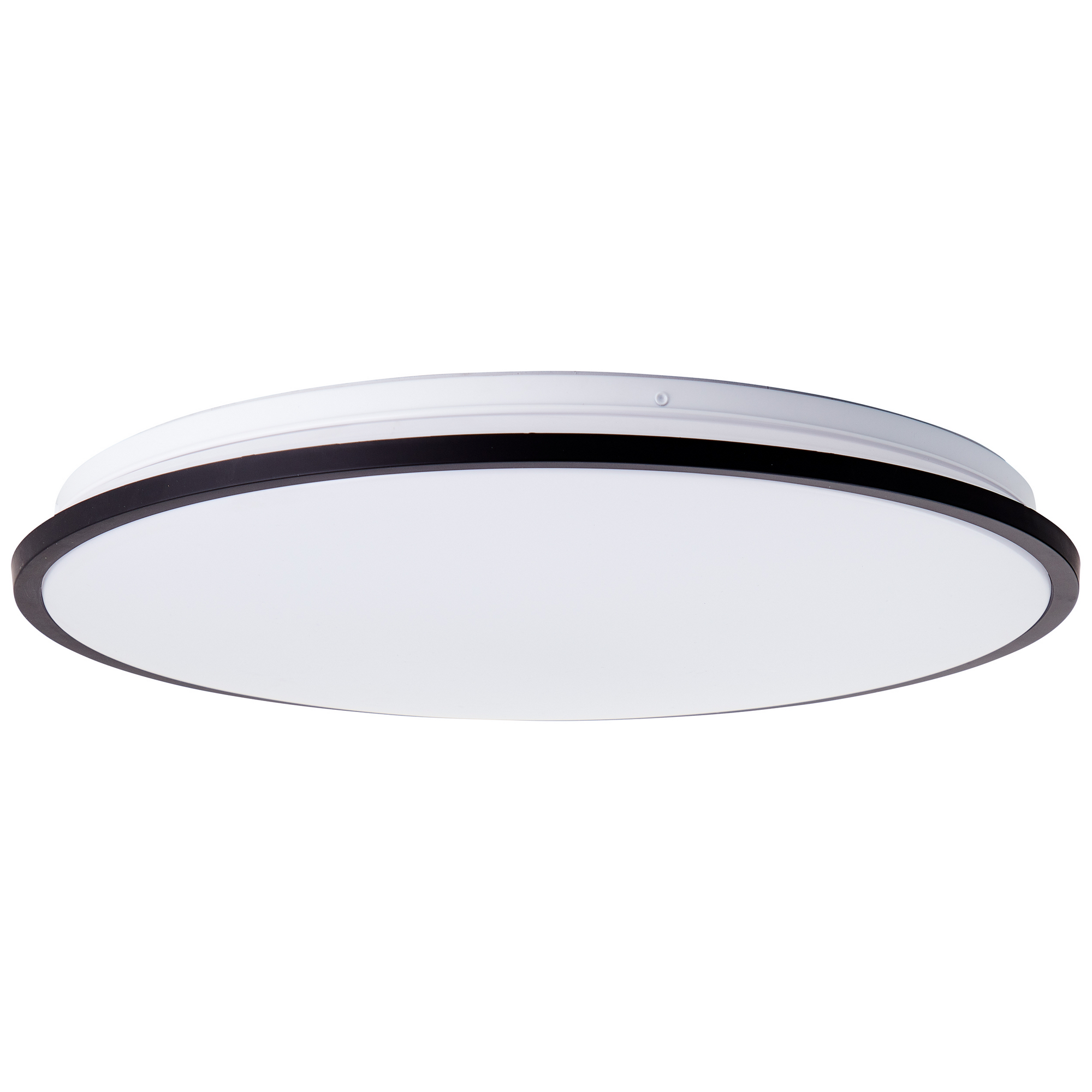 Flache, runde LED-Deckenleuchte mit schwarzem Rand.