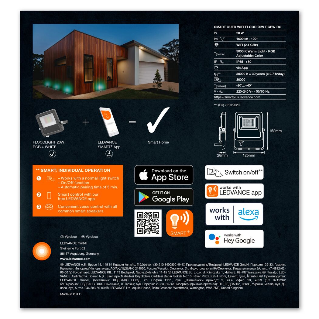 LED-Außenwandstrahler 'Smart+' 20 W 1600 lm warmweiß IP 65 12,5 x 2,8 x 28 cm