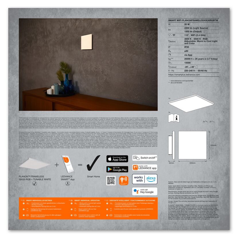 LED-Panel 'Smart+' dimmbar 20 W 1500 lm warmweiß bis tageslichtweiß 30 x 6,2 cm