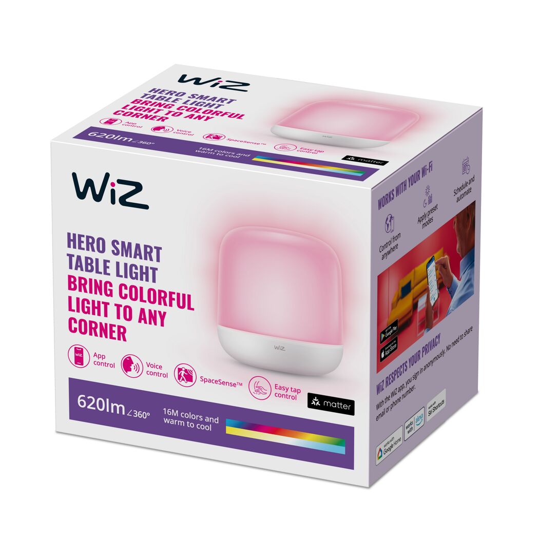 Verpackung der WiZ Hero Smart Tischleuchte, pink leuchtend