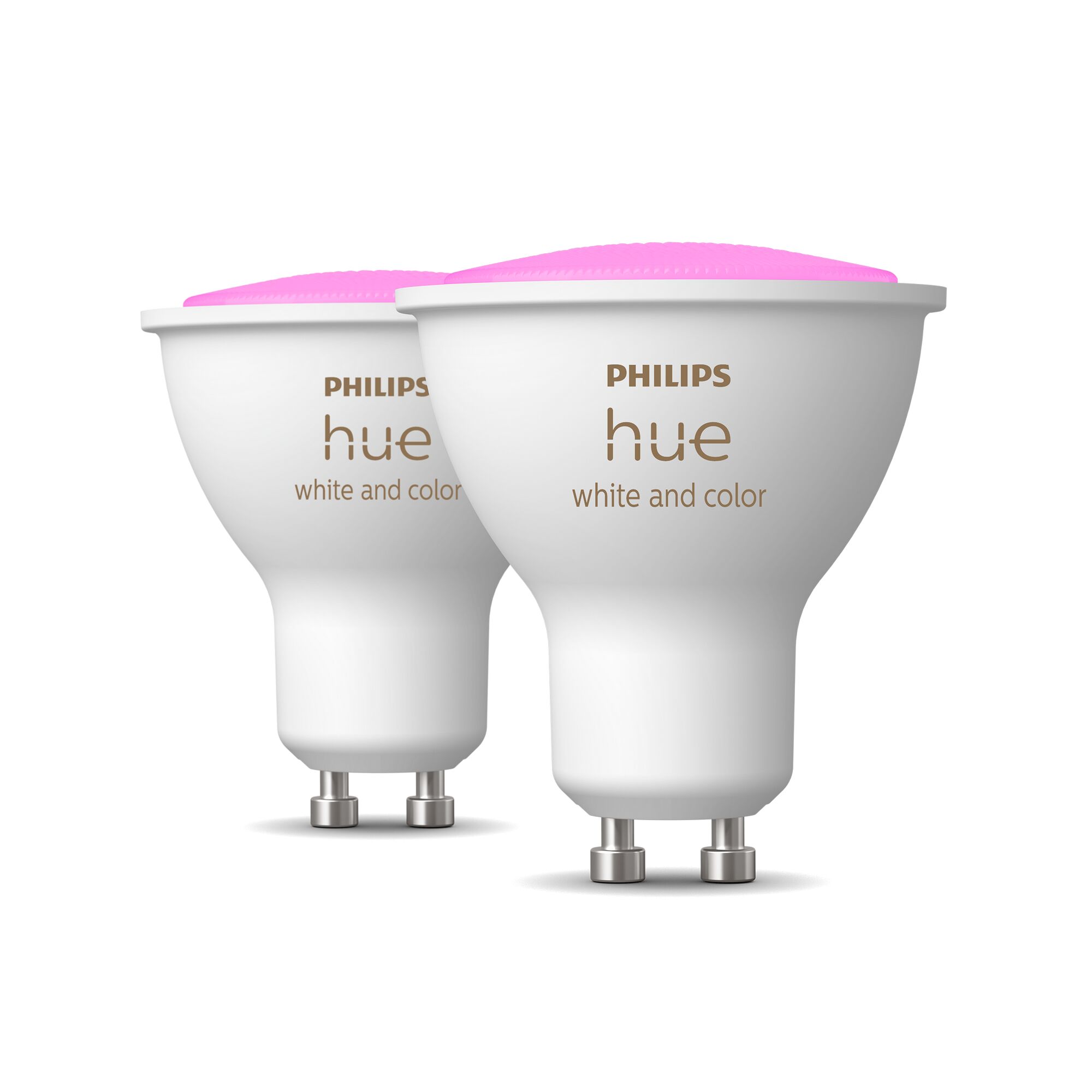 Zwei Philips Hue GU10 White and Color Lampen in Pink
