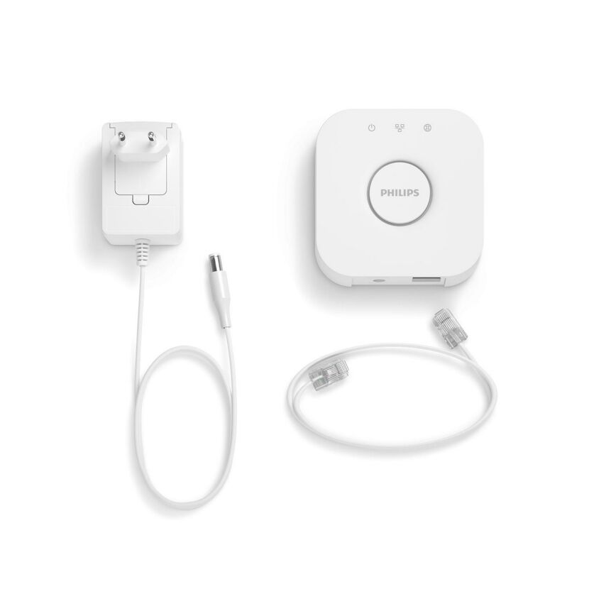 Philips Hue Bridge mit Netzteil und Netzwerkkabel