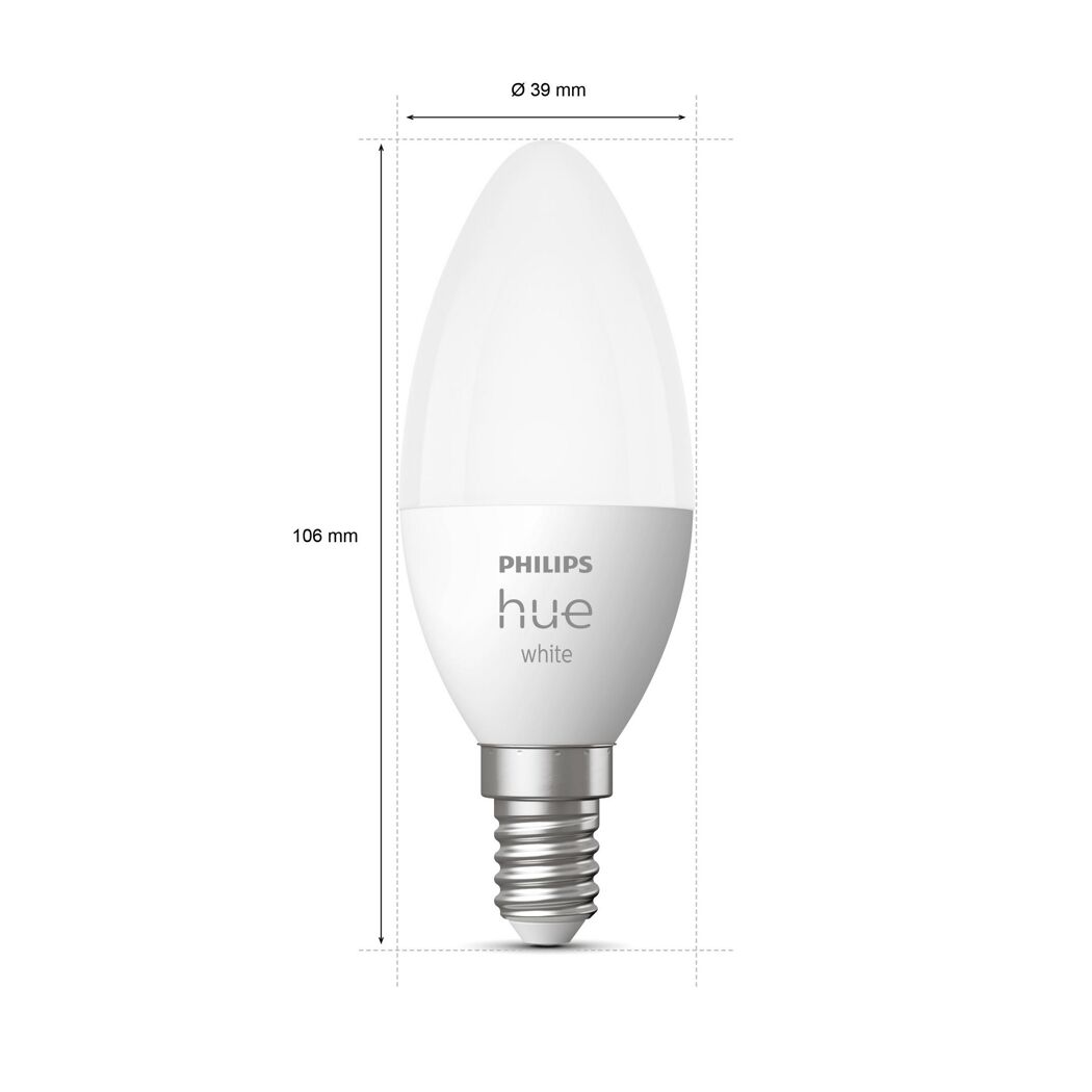 Philips Hue E14 LED-Leuchtmittel Kerze mit Maßen.