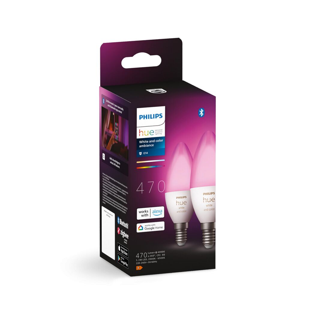 Zwei Philips Hue E14 LED-Kerzenlampen in Verpackung