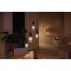 Vier HUE Filament Lampen ST64 beleuchten einen Esstisch.