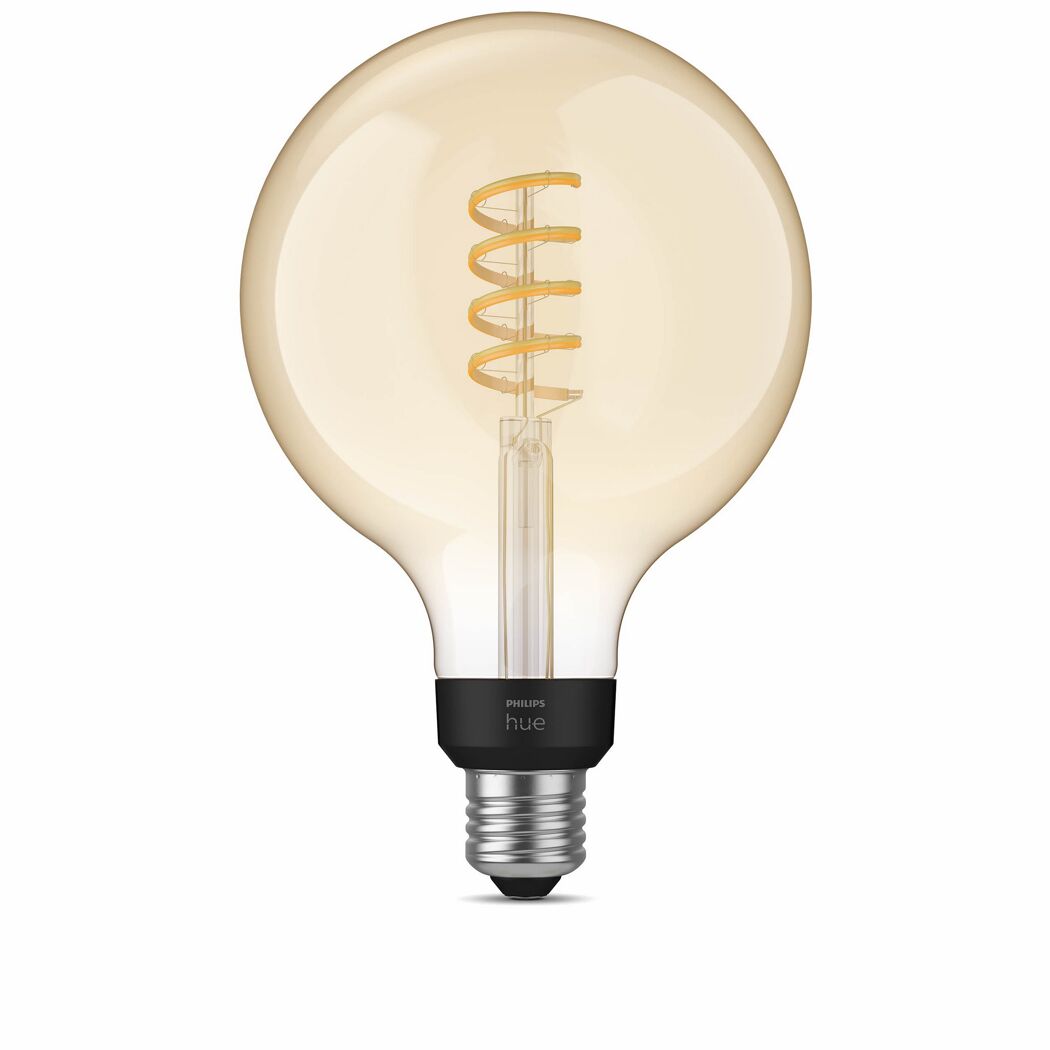 Philips Hue Globe LED-Leuchtmittel gold mit Spiralelement.